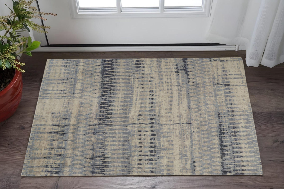 2' X 3' Gray Blue and Ivory Wool Abstract Hand Knotted Area Rug W2B