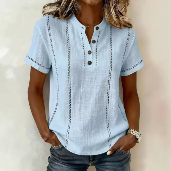 Summer Striped Short-Sleeve Shirts Casual Stand-Collar V-neck Button Blouse Womens Clothing LadyShow.Store