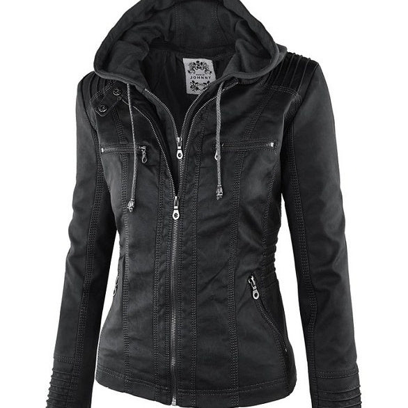 Women's Detachable Lapel Long Sleeve Solid Color Zipper Leather Jacket Coat LadyShow.Store