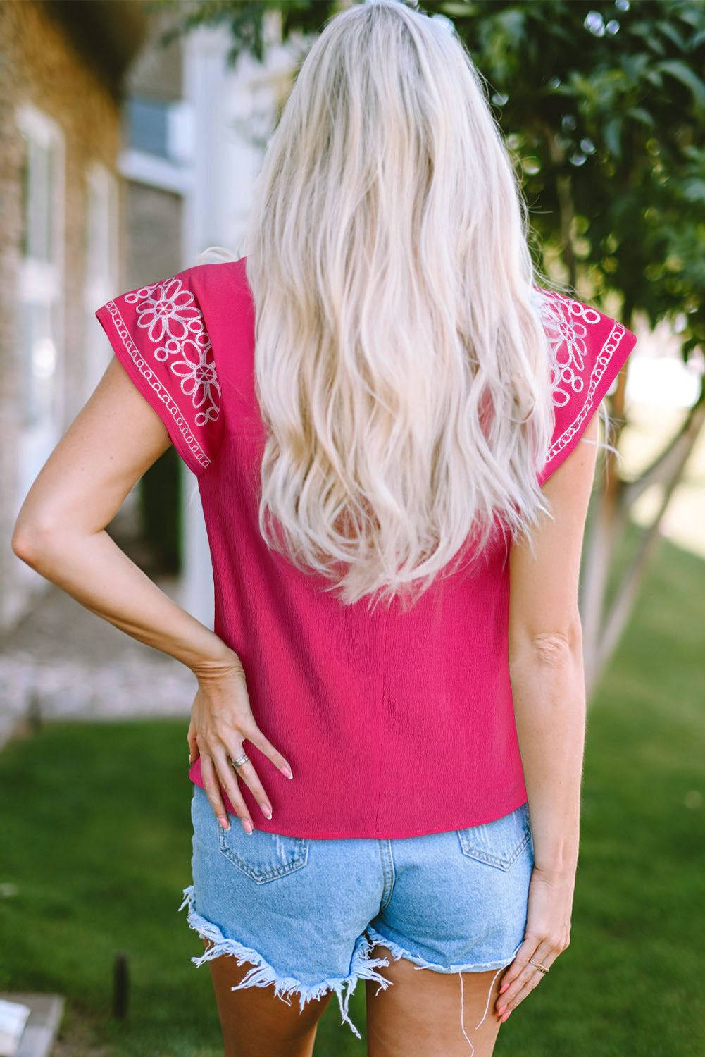Murphy Floral Embroidered Sleeve Blouse Threaded Pear