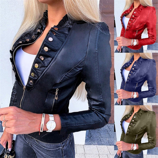 European-Style Slim-Fit PU Motorcycle Jacket - Winter Biker Coat for Women (Black/Brown/Navy/Wine Red, S-5XL) LadyShow.Store
