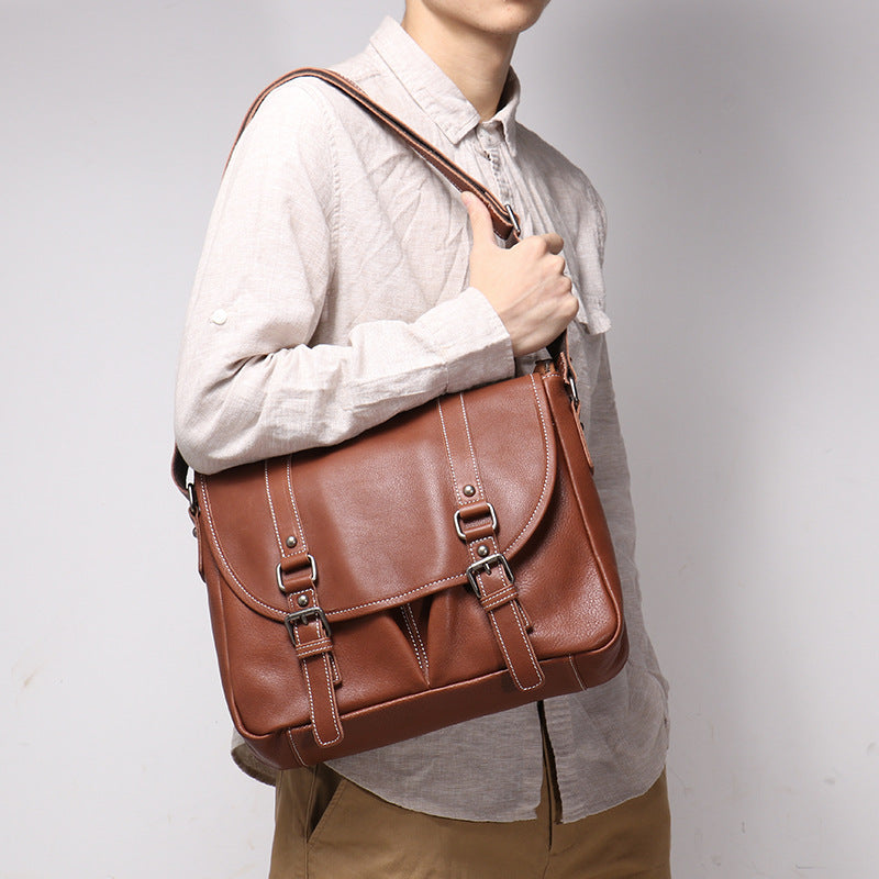 Mens Full-Grain Leather Large-Capacity Shoulder Bag LadyShow.Store