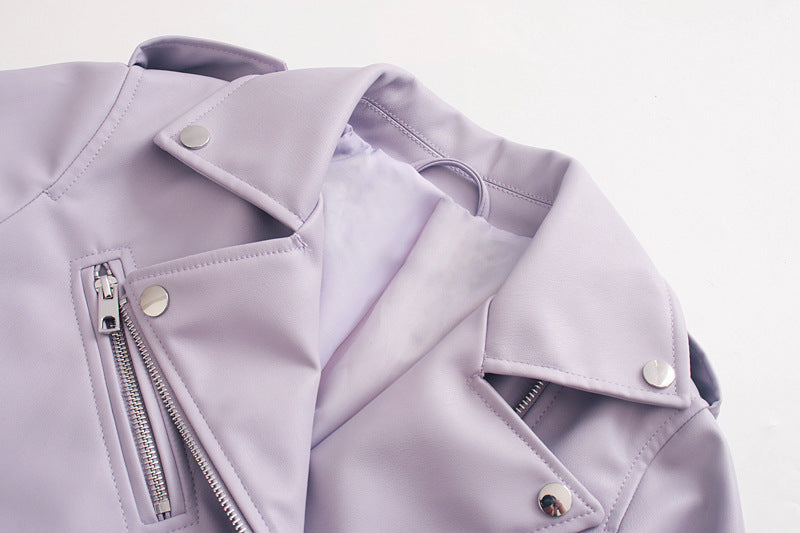 Women's Belted Motorcycle Jacket - Street Hipster Faux Leather Coat with Suit Collar (Black/Purple/Beige, XS-L) LadyShow.Store