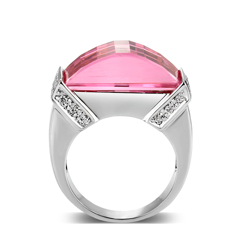 LO5W235- Brass Ring with CZ In Pink Rhodium Plated Alamode