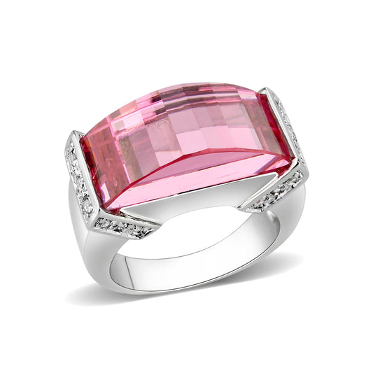 LO5W235- Brass Ring with CZ In Pink Rhodium Plated Alamode