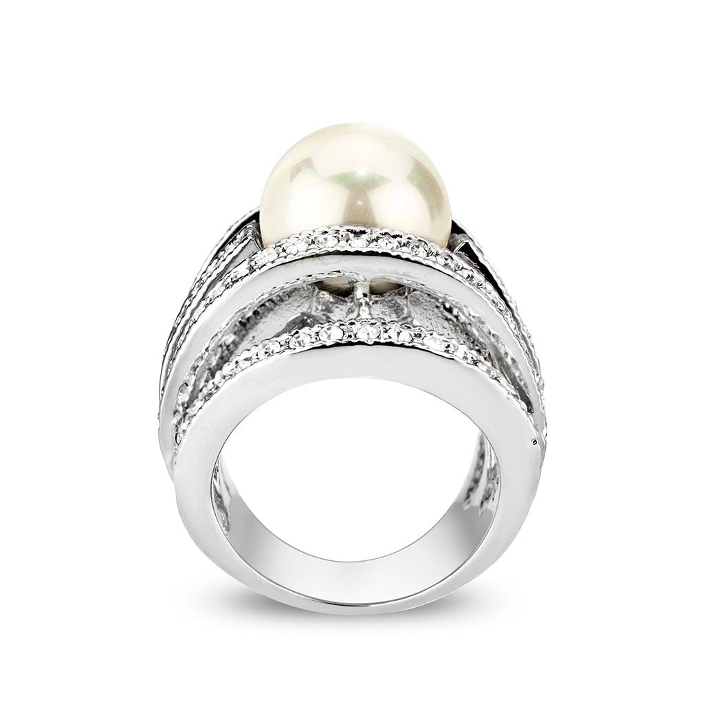 LO5W242-  Brass Ring With Pearl  in White  Rhodium Plated Alamode