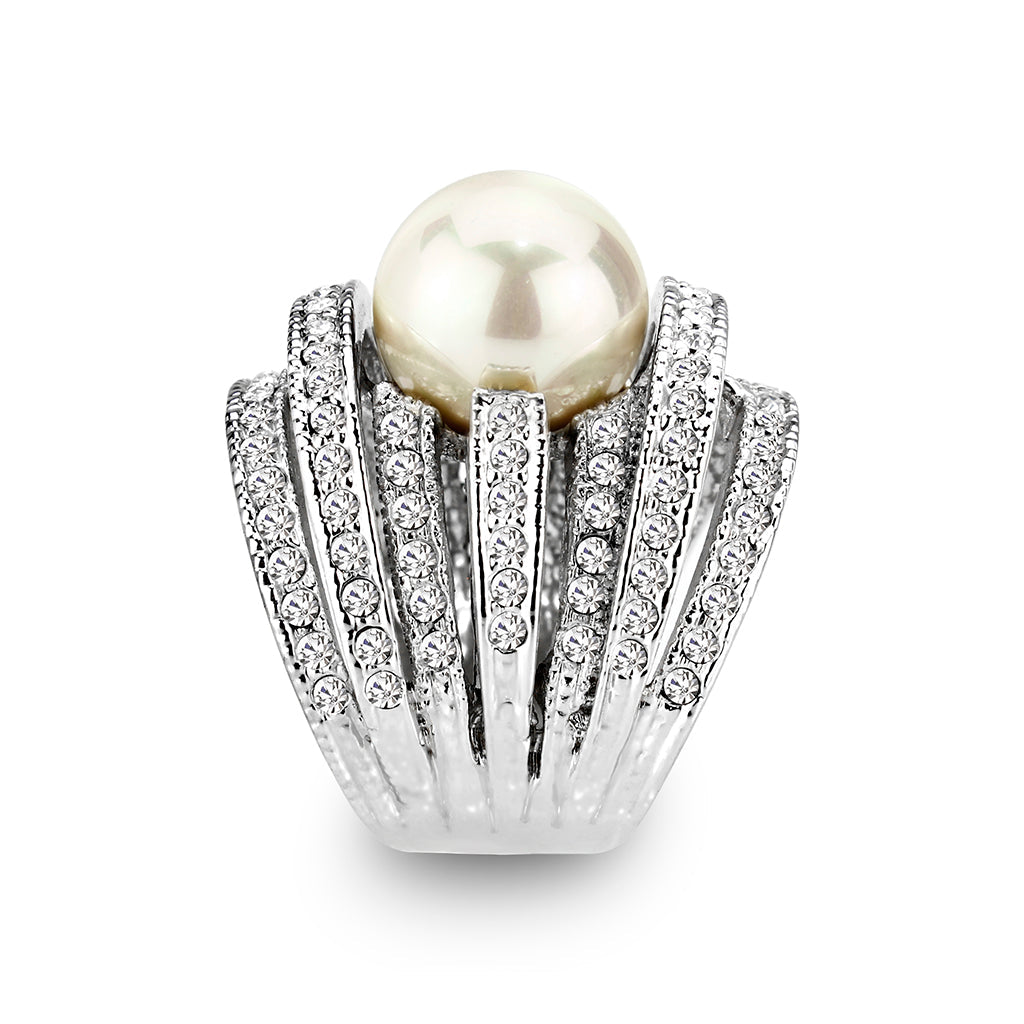 LO5W242-  Brass Ring With Pearl  in White  Rhodium Plated Alamode