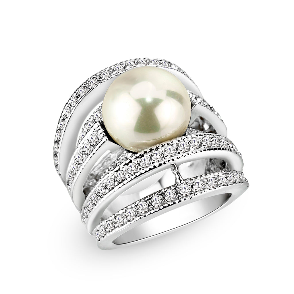 LO5W242-  Brass Ring With Pearl  in White  Rhodium Plated Alamode