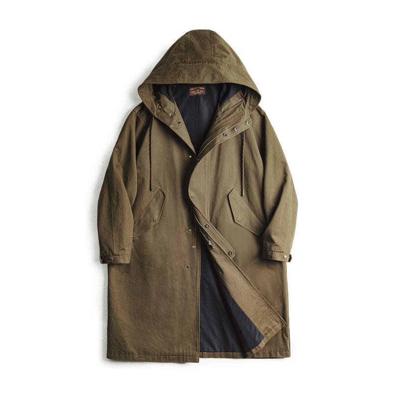 Military Style Brushed Fleece Hooded Windbreaker Loose Pure Cotton Mid-length Coat For Men Autumn Accent Plus
