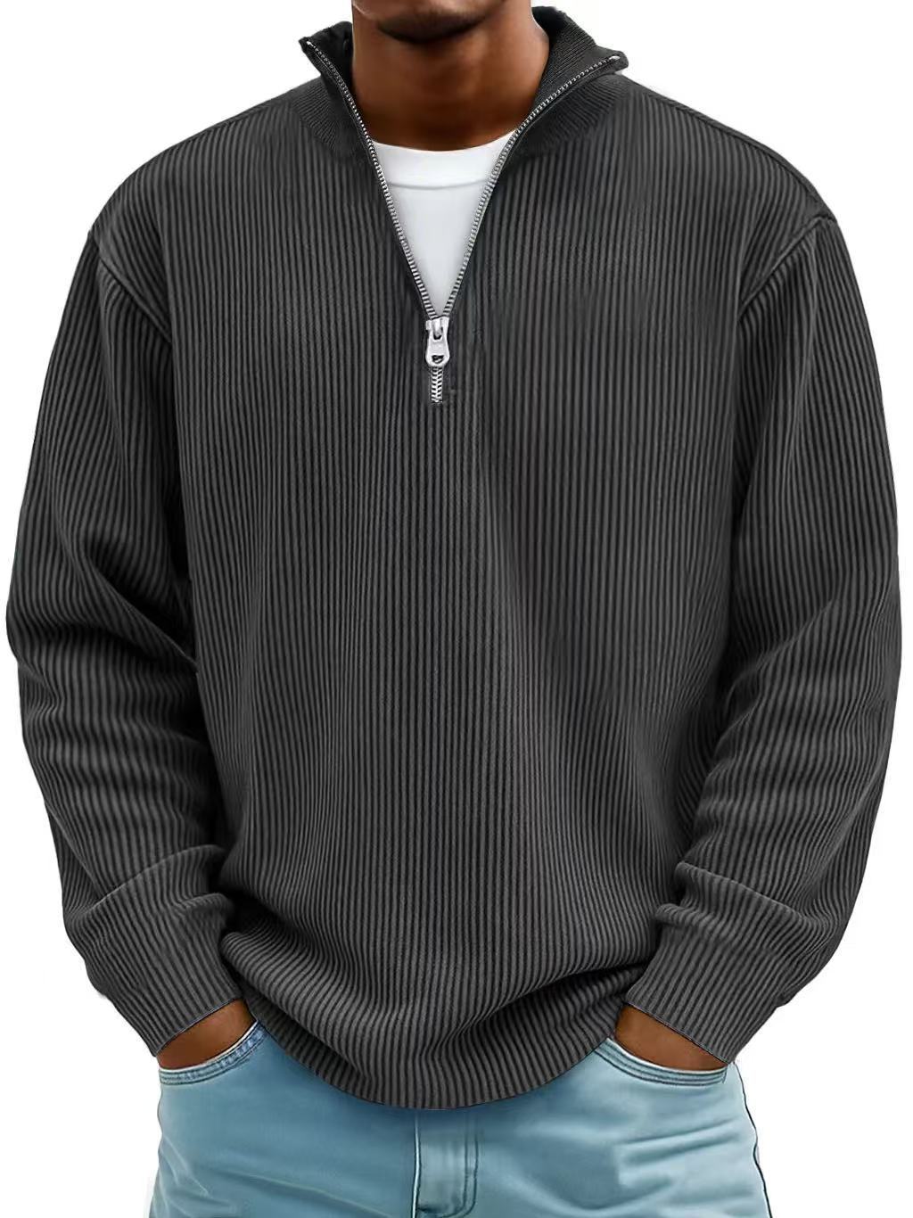 Corduroy Zipper Stand Collar Sweatshirt Fashion Warm Solid Color Long Sleeve Top Men's Casual Polo Shirt Clothing Best YouTube Store