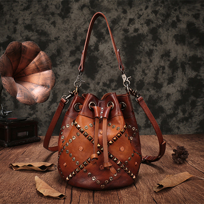 Vintage Rivet-Embellished Leather Bucket Bag - First Layer Cowhide Drawstring Purse in Mocha Plum (24x21x21cm) LadyShow.Store