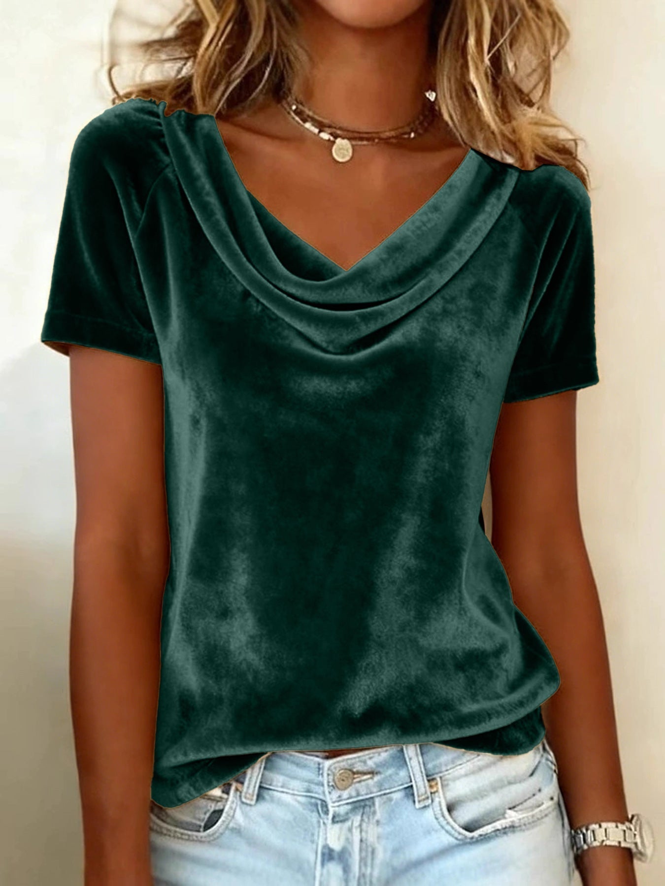 Womens New Solid-Colored Scoop-Neck Short-Sleeve Sexy Velvet T-Shirt LadyShow.Store