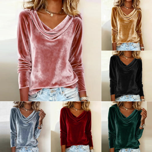 Elegant Velvet Long Sleeve Shirts For Women Fall Spring Solid Color Loose Women Blouses Fashion Pullover Tops Party Clothes LadyShow.Store