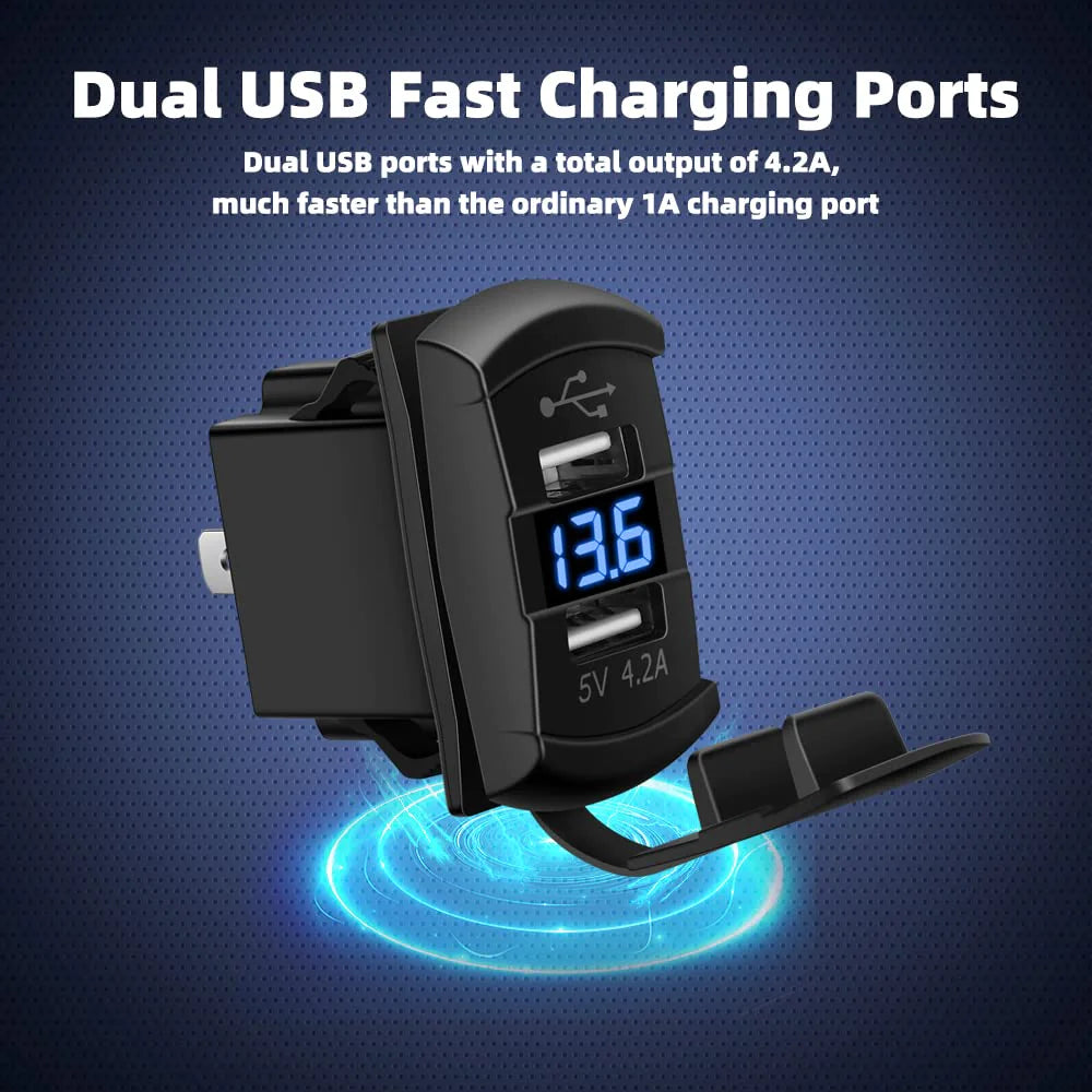 12V Dual USB Charger Socket LED Voltage Voltmeter Rocker Switch Panel Car Boat