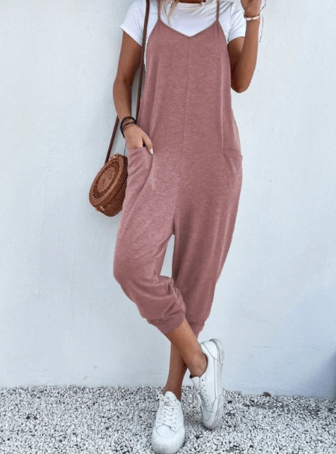 Women's Solid Color Zipper Patch Pocket Sling Jumpsuit For Women LadyShow.Store