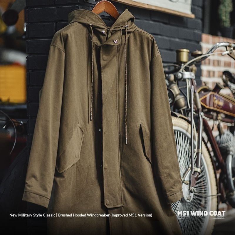 Military Style Brushed Fleece Hooded Windbreaker Loose Pure Cotton Mid-length Coat For Men Autumn Accent Plus