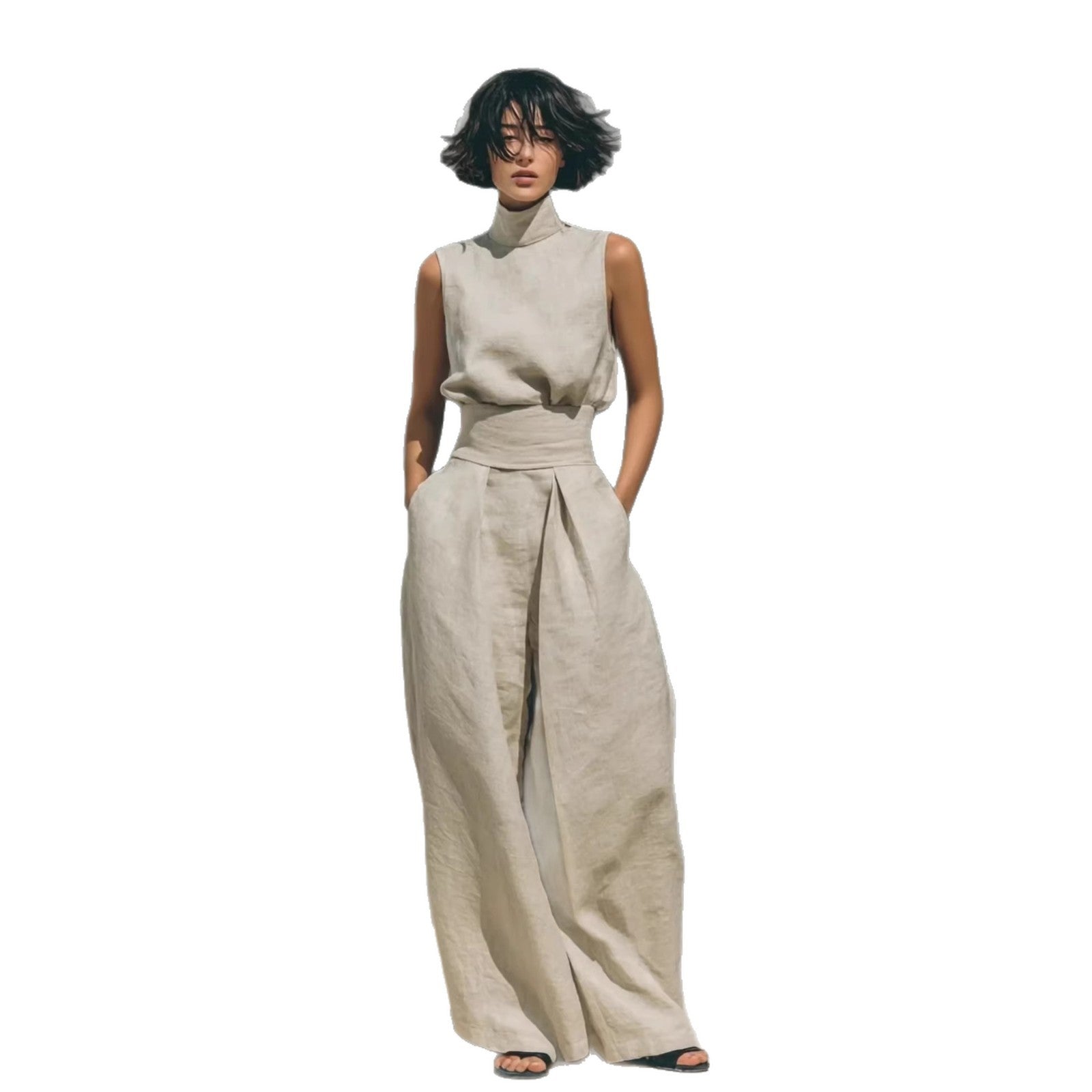 Casual Sleeveless Suit Summer Stand-up Collar Pullover Top And Loose Straight-leg Trousers Women's Clothing LadyShow.Store