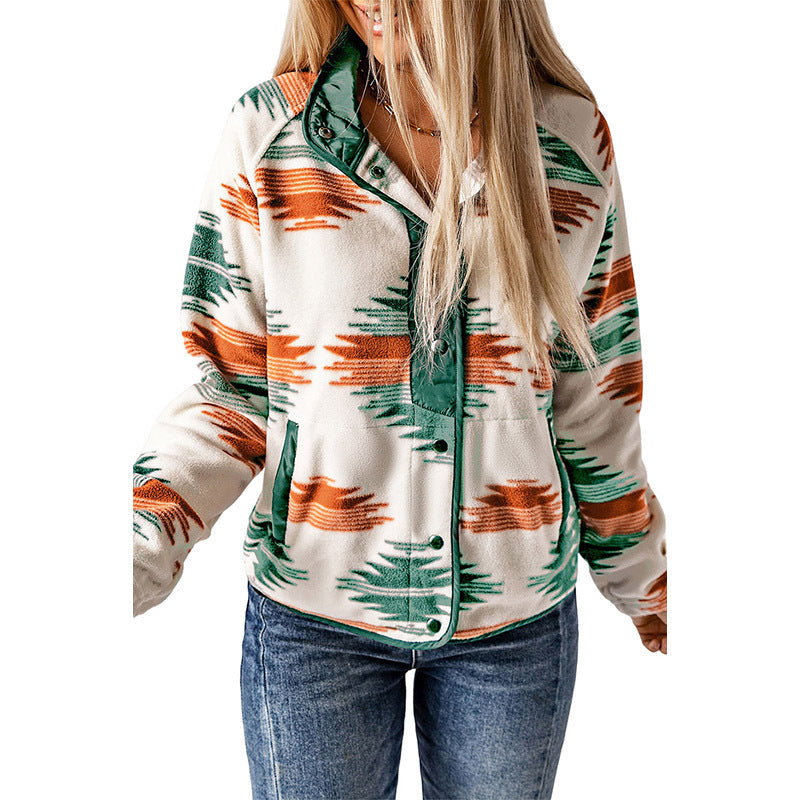 Winter Women's Printed Cardigan Jacket Fashion Color Contrast Fleece Coat Accent Plus