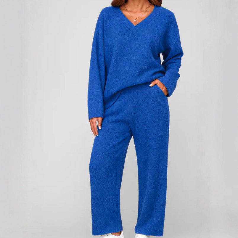 V-neck Wool Loose Pockets Leisure Suit Two-piece Pajamas LadyShow.Store