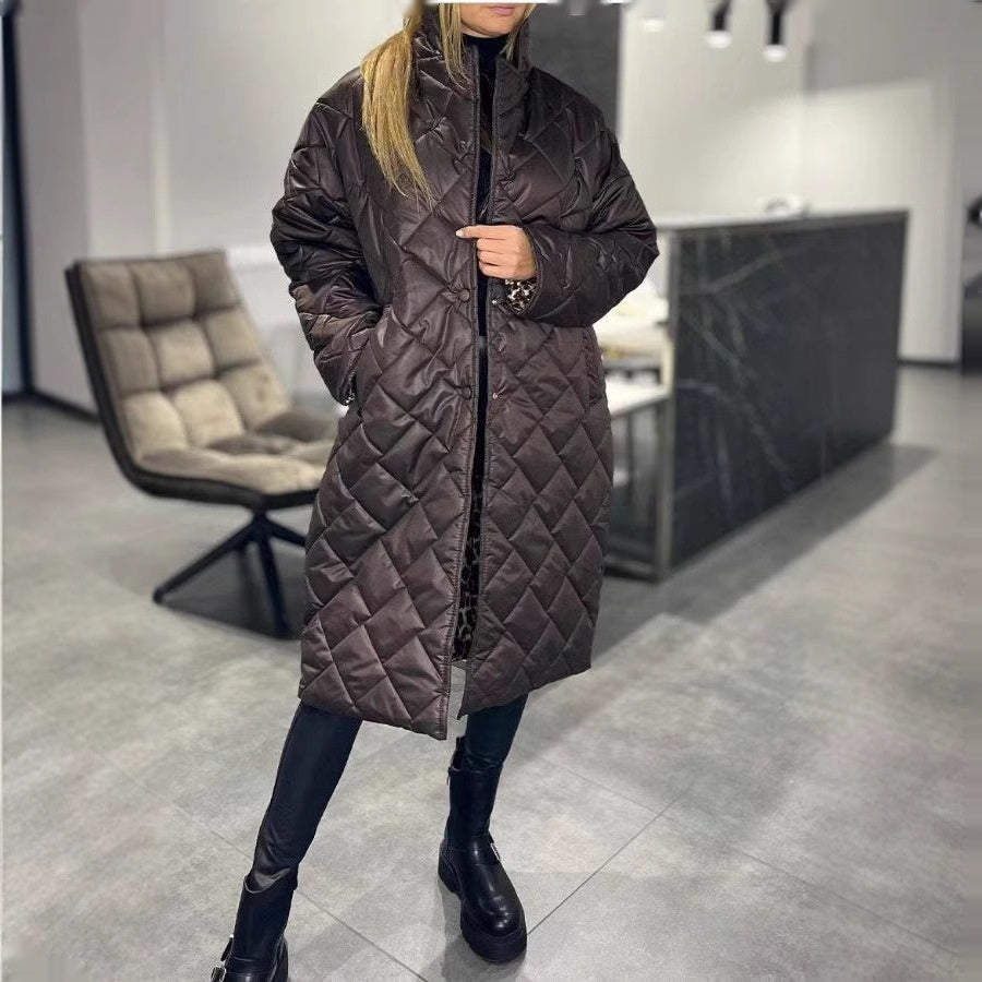 Winter Rhombus Stitching Coat Warm Solid Color Pocket Lapel Long Jacket Women's Clothing LadyShow.Store
