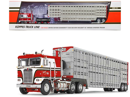 Kenworth K100 COE Red and White with 45' Wilson Vintage Livestock Trailer "Koppes Truck Line" 1/64 Diecast Model by DCP/First Gear