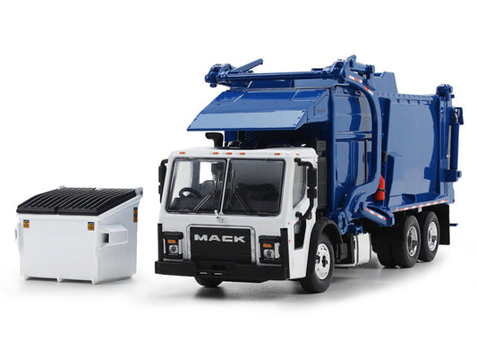 Mack LR Refuse Garbage Truck with McNeilus Meridian Front Loader White and Blue with Trash Bin 1/64 Diecast Model by DCP/First Gear First Gear