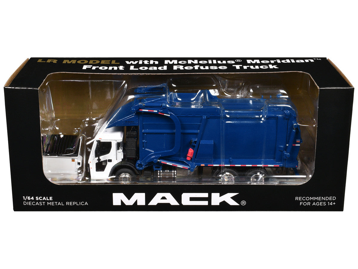 Mack LR Refuse Garbage Truck with McNeilus Meridian Front Loader White and Blue with Trash Bin 1/64 Diecast Model by DCP/First Gear First Gear