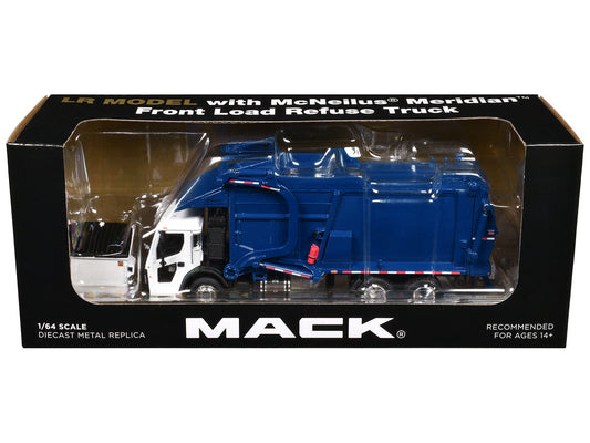 Mack LR Refuse Garbage Truck with McNeilus Meridian Front Loader White and Blue with Trash Bin 1/64 Diecast Model by DCP/First Gear First Gear