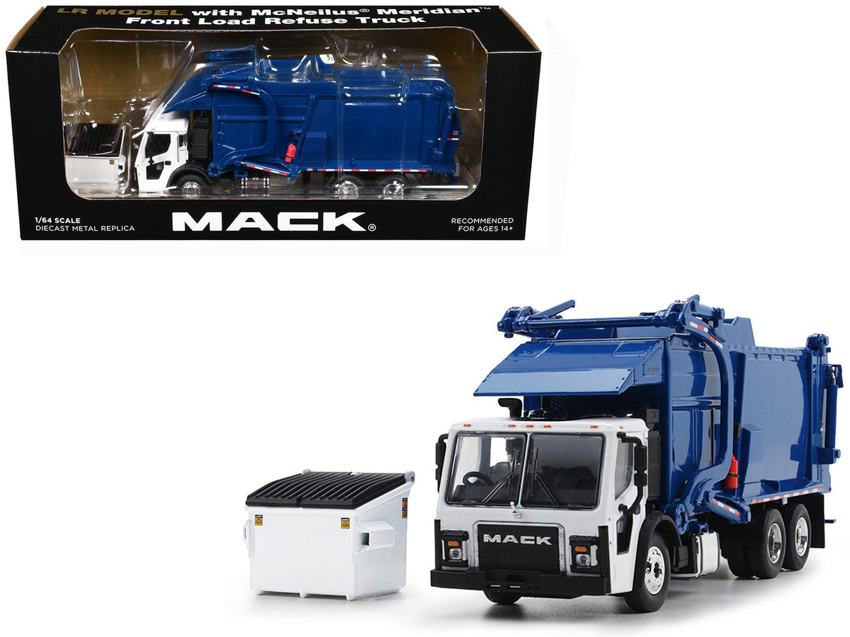 Mack LR Refuse Garbage Truck with McNeilus Meridian Front Loader White and Blue with Trash Bin 1/64 Diecast Model by DCP/First Gear First Gear
