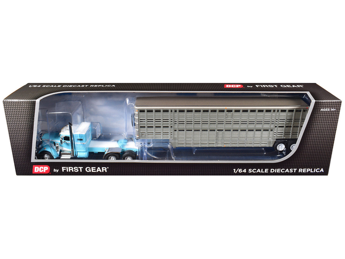 Peterbilt 351 with 36" Vintage Sleeper and 45' Wilson Vintage Livestock Trailer Light Blue with White Stripes 1/64 Diecast Model by DCP/First Gear-2