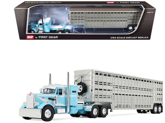 Peterbilt 351 with 36" Vintage Sleeper and 45' Wilson Vintage Livestock Trailer Light Blue with White Stripes 1/64 Diecast Model by DCP/First Gear-0