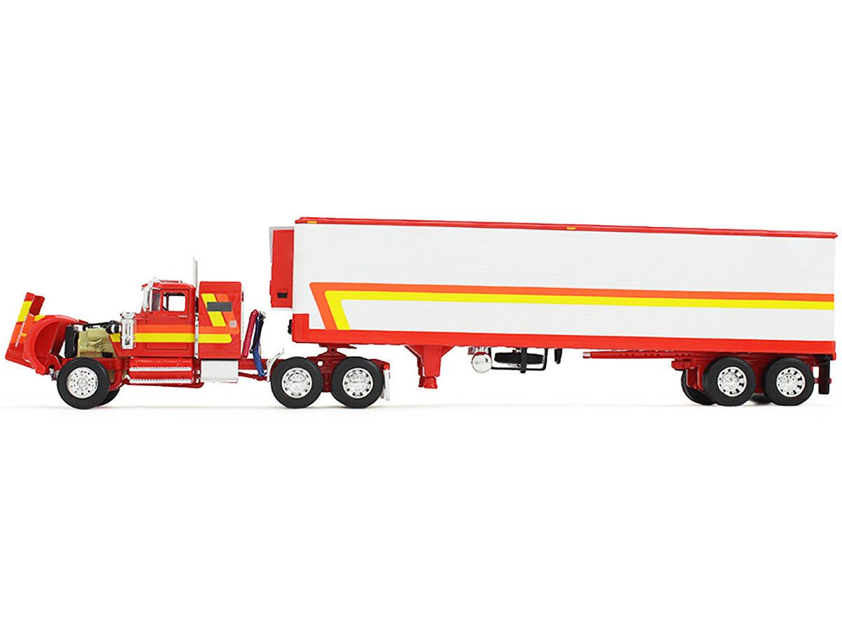 White Western Star 4900 with 36" Vintage Flat Top Sleeper and Wilson 40' Vintage Refridgerated Trailer Red and White with Stripes 1/64 Diecast Model by DCP/First Gear First Gear
