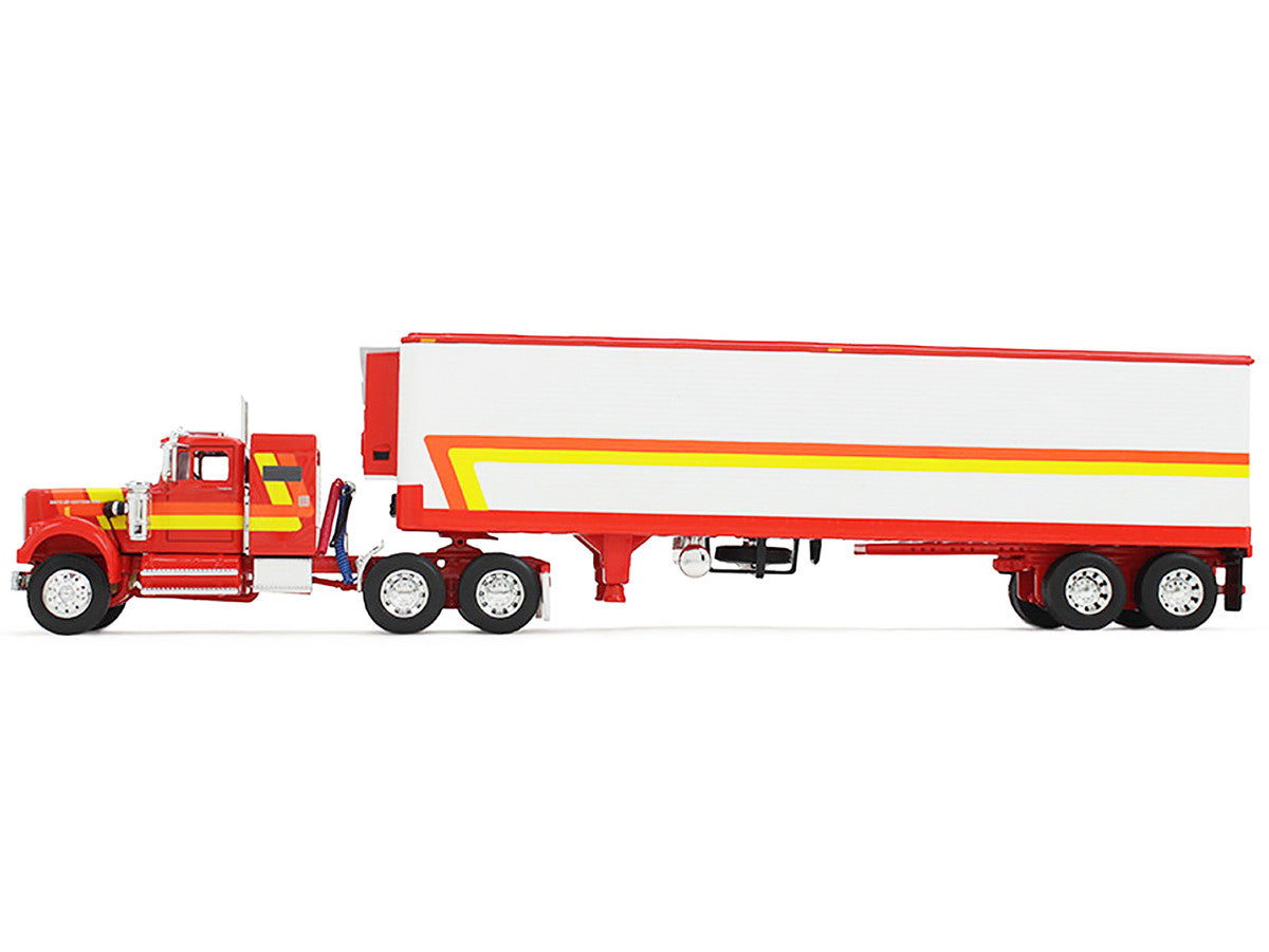 White Western Star 4900 with 36" Vintage Flat Top Sleeper and Wilson 40' Vintage Refridgerated Trailer Red and White with Stripes 1/64 Diecast Model by DCP/First Gear First Gear