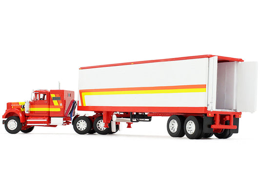 White Western Star 4900 with 36" Vintage Flat Top Sleeper and Wilson 40' Vintage Refridgerated Trailer Red and White with Stripes 1/64 Diecast Model by DCP/First Gear First Gear