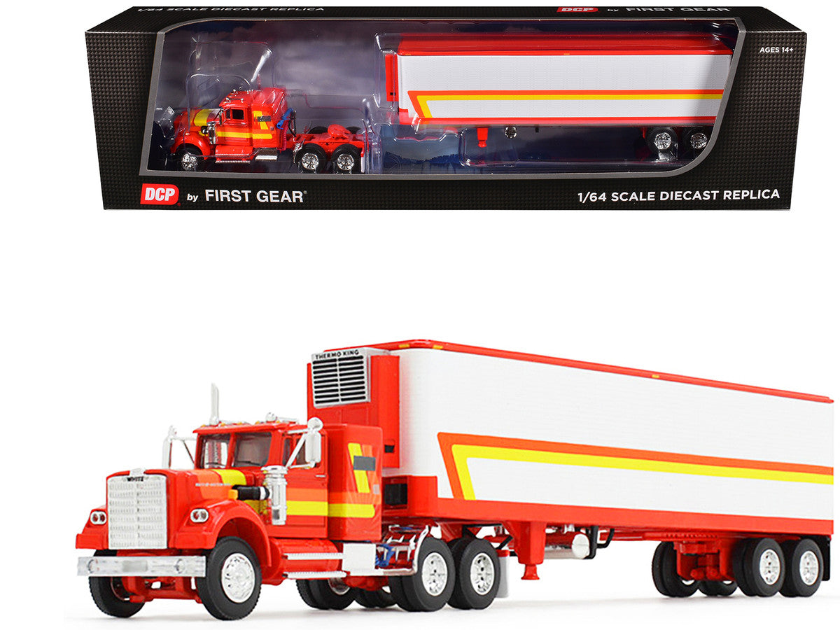 White Western Star 4900 with 36" Vintage Flat Top Sleeper and Wilson 40' Vintage Refridgerated Trailer Red and White with Stripes 1/64 Diecast Model by DCP/First Gear First Gear