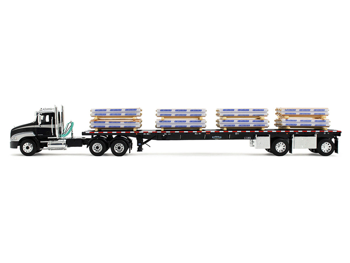 Mack Pinnacle Day Cab with Minimizer Parts & 53' Wilson Roadbrute Flatbed Trailer with "Carlisle Roofing" Loaded Pallets Black with Silver Top and Stripes 1/64 Diecast Model by DCP/First Gear First Gear