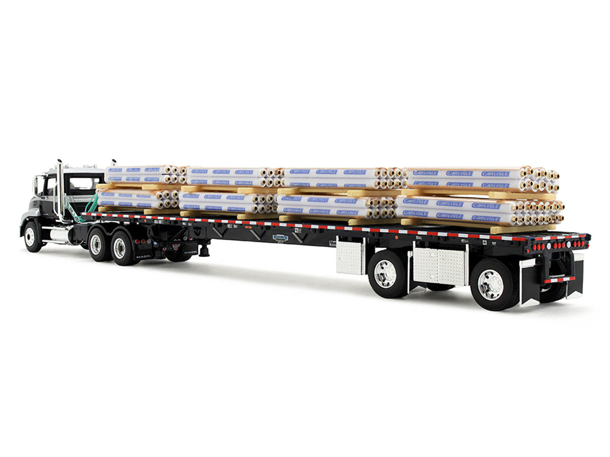 Mack Pinnacle Day Cab with Minimizer Parts & 53' Wilson Roadbrute Flatbed Trailer with "Carlisle Roofing" Loaded Pallets Black with Silver Top and Stripes 1/64 Diecast Model by DCP/First Gear First Gear