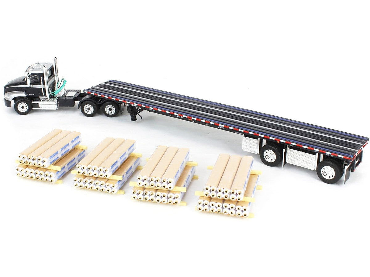Mack Pinnacle Day Cab with Minimizer Parts & 53' Wilson Roadbrute Flatbed Trailer with "Carlisle Roofing" Loaded Pallets Black with Silver Top and Stripes 1/64 Diecast Model by DCP/First Gear First Gear
