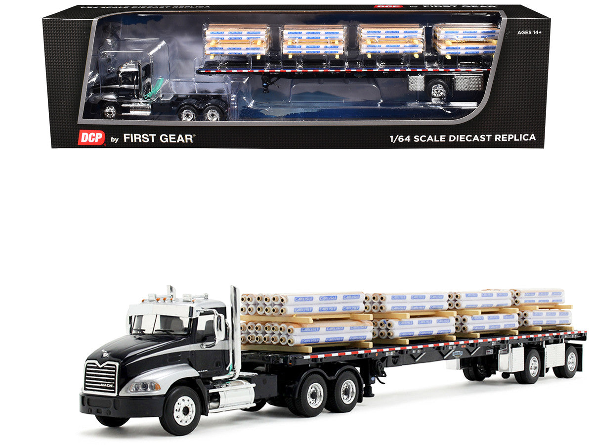 Mack Pinnacle Day Cab with Minimizer Parts & 53' Wilson Roadbrute Flatbed Trailer with "Carlisle Roofing" Loaded Pallets Black with Silver Top and Stripes 1/64 Diecast Model by DCP/First Gear First Gear