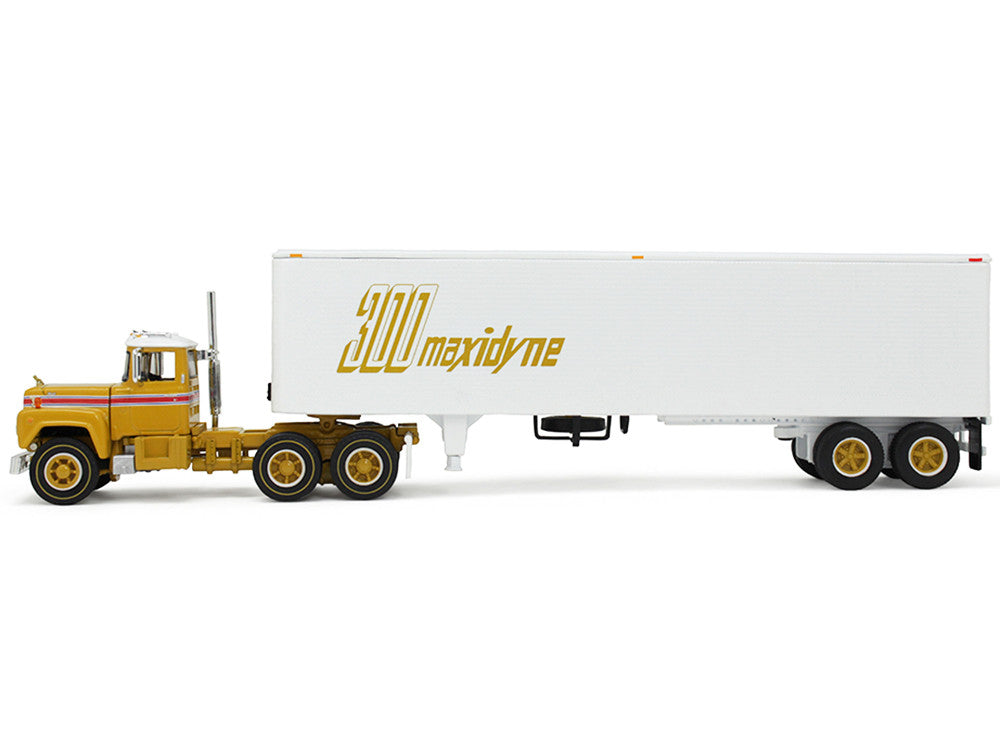 Mack R-Model Day Cab and 40' Vintage Trailer Yellow with Red Stripes and White Top "Mack Anniversary" 1/64 Diecast Model by DCP/First Gear First Gear