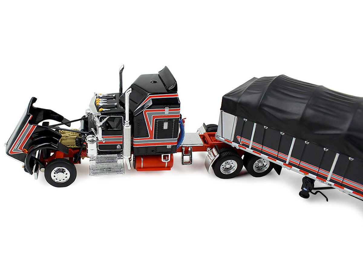 Kenworth W900A with 60" Aerodyne Sleeper and 53’ Wilson Roadbrute Flatbed Trailer with Covered Wagon Black with Red Stripes 1/64 Diecast Model by DCP/First Gear-2