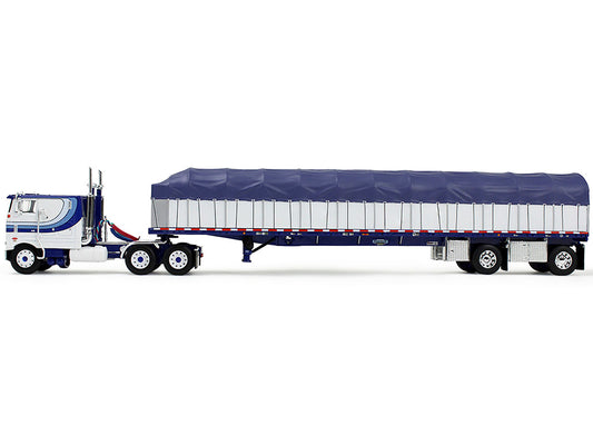 Peterbilt 352 COE 110" Sleeper and 53’ Wilson Roadbrute Flatbed Trailer with Covered Wagon White with Blue Stripes 1/64 Diecast Model by DCP/First Gear-0