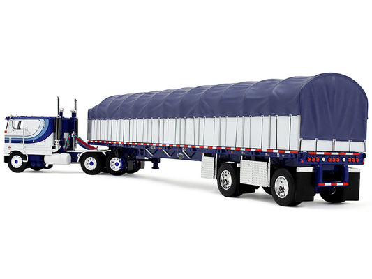 Peterbilt 352 COE 110" Sleeper and 53’ Wilson Roadbrute Flatbed Trailer with Covered Wagon White with Blue Stripes 1/64 Diecast Model by DCP/First Gear-1