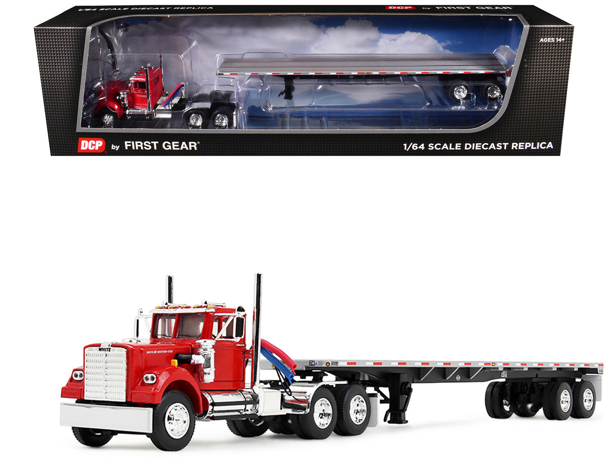 White Western Star 4900 Day Cab with 48’ Utility Flatbed Trailer Viper Red 1/64 Diecast Model by DCP/First Gear First Gear