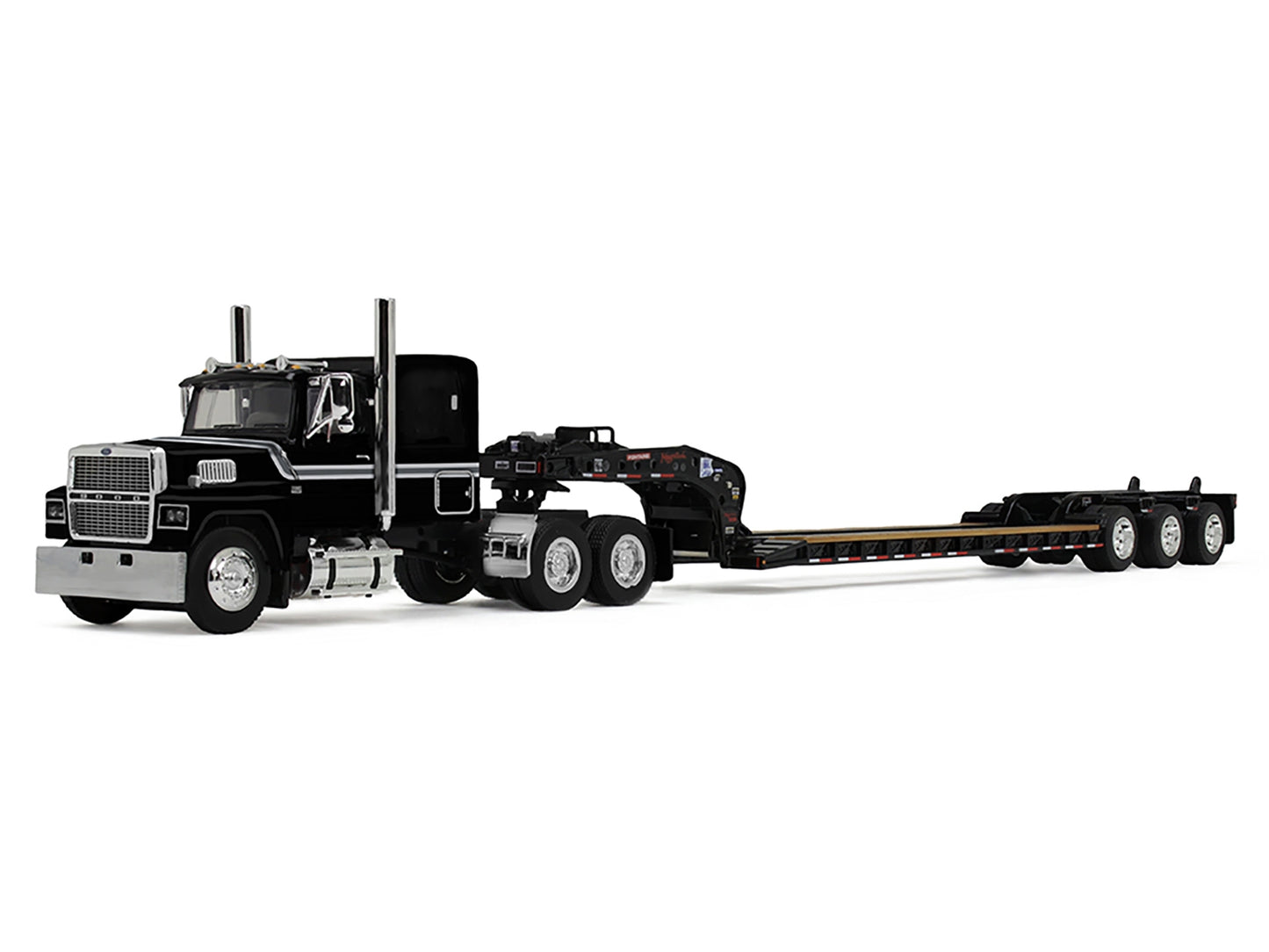 Ford LTL 9000 with 60" Flat Top Sleeper and Fontaine Magnitude Tri-Axle Lowboy Trailer Black 1/64 Diecast Model by DCP/First Gear
