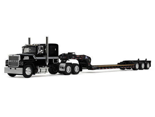 Ford LTL 9000 with 60" Flat Top Sleeper and Fontaine Magnitude Tri-Axle Lowboy Trailer Black 1/64 Diecast Model by DCP/First Gear