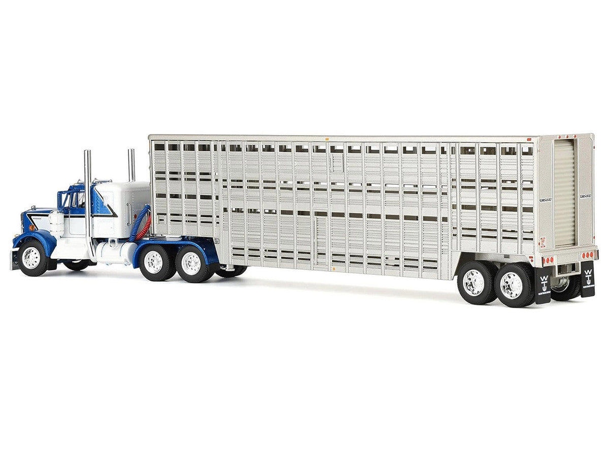Kenworth W900A with 36" Sleeper and 45' Wilson Vintage Livestock Trailer Mariner Blue and White with Silver Trailer 1/64 Diecast Model by DCP/First Gear-2