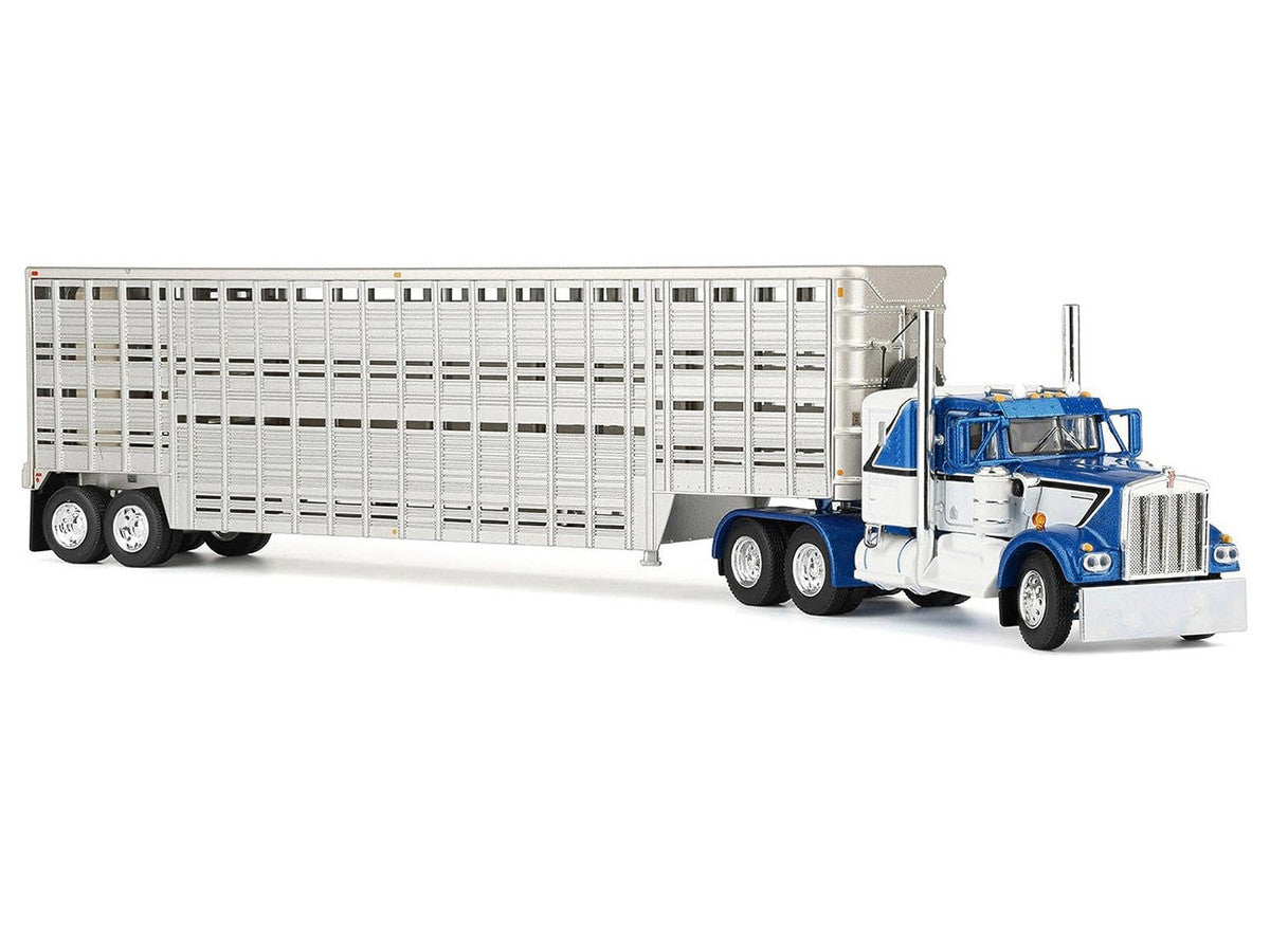 Kenworth W900A with 36" Sleeper and 45' Wilson Vintage Livestock Trailer Mariner Blue and White with Silver Trailer 1/64 Diecast Model by DCP/First Gear-3