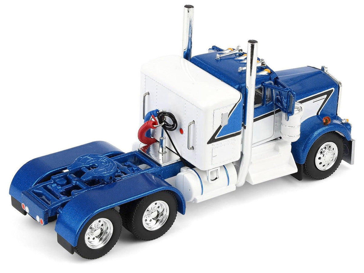 Kenworth W900A with 36" Sleeper and 45' Wilson Vintage Livestock Trailer Mariner Blue and White with Silver Trailer 1/64 Diecast Model by DCP/First Gear-1