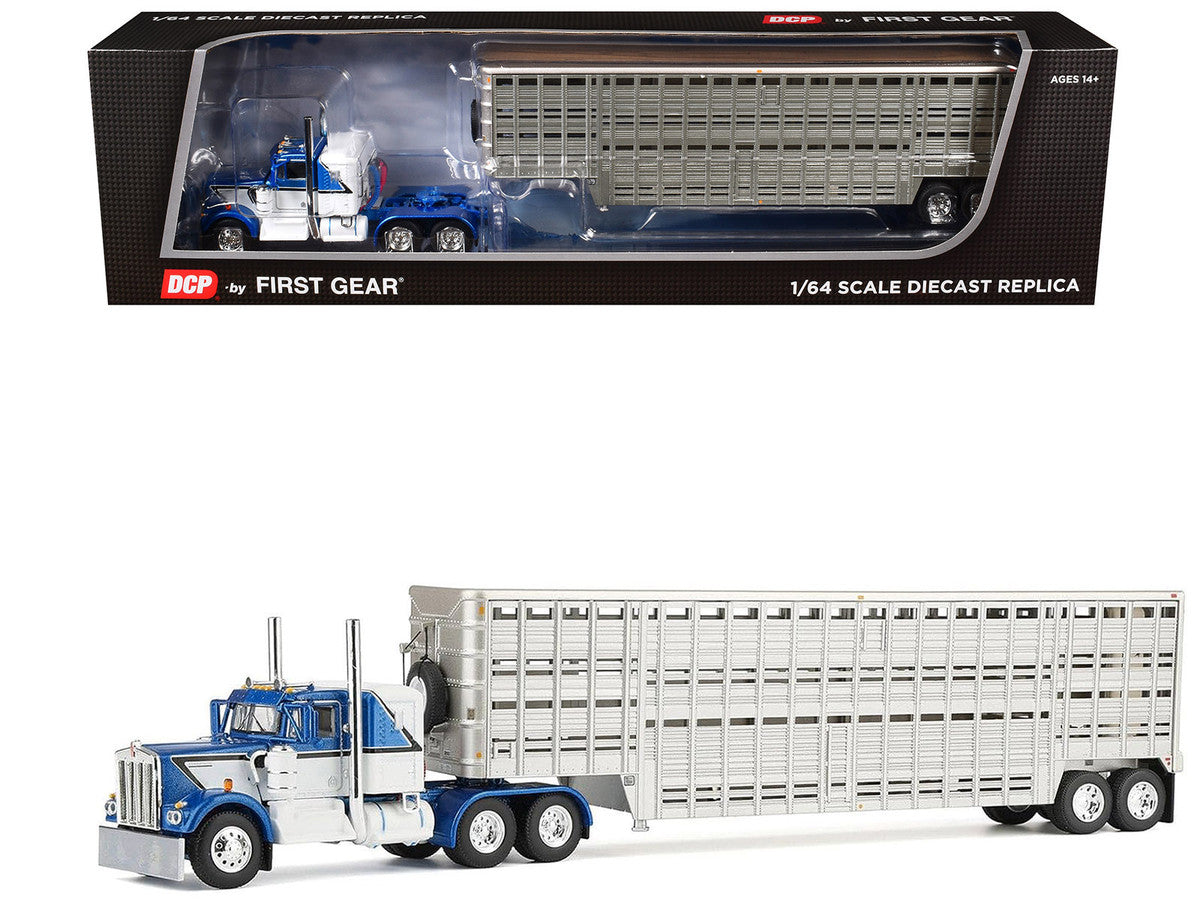 Kenworth W900A with 36" Sleeper and 45' Wilson Vintage Livestock Trailer Mariner Blue and White with Silver Trailer 1/64 Diecast Model by DCP/First Gear-4